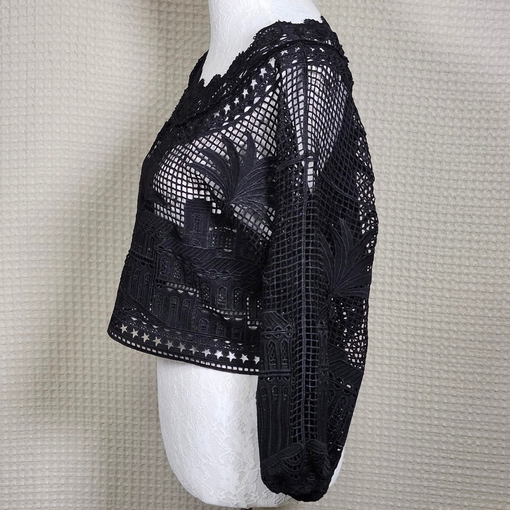 Farm Rio Black Crochet Lace Palm Tree & Architectural Detail Crop Top‎ Size S - Picture 3 of 7